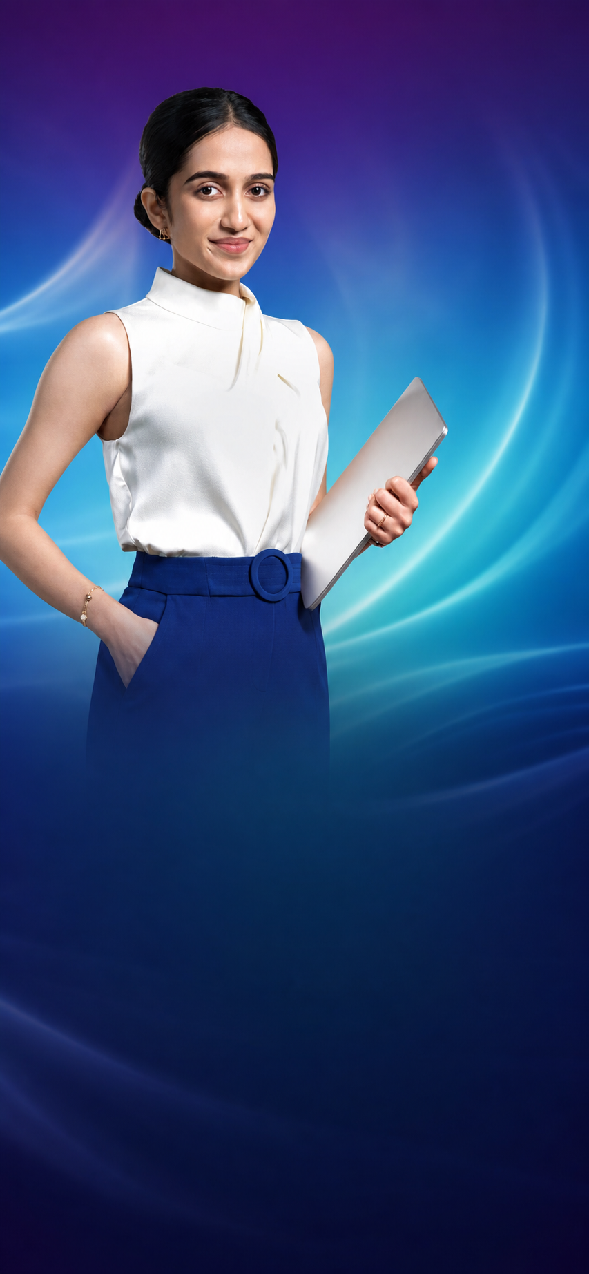 Participant holding a tablet against the Precision1 campaign gradient